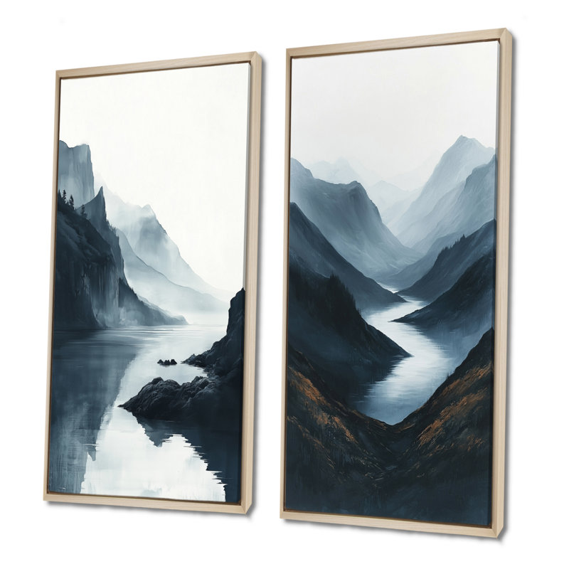 «Winter Lake Side Valley of Tranquility I», collection d'art mural 2 pièces, H 40 po x l 41 po, Cadre crème crème