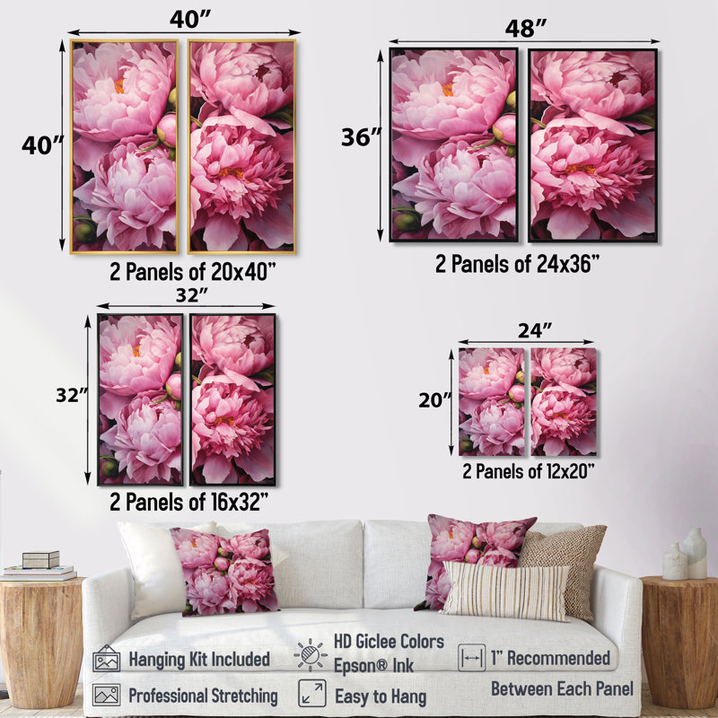 Pivoine rose verte captivante II - impressions sur toile traditionnelles roses, 36" H x 48" W, Black
