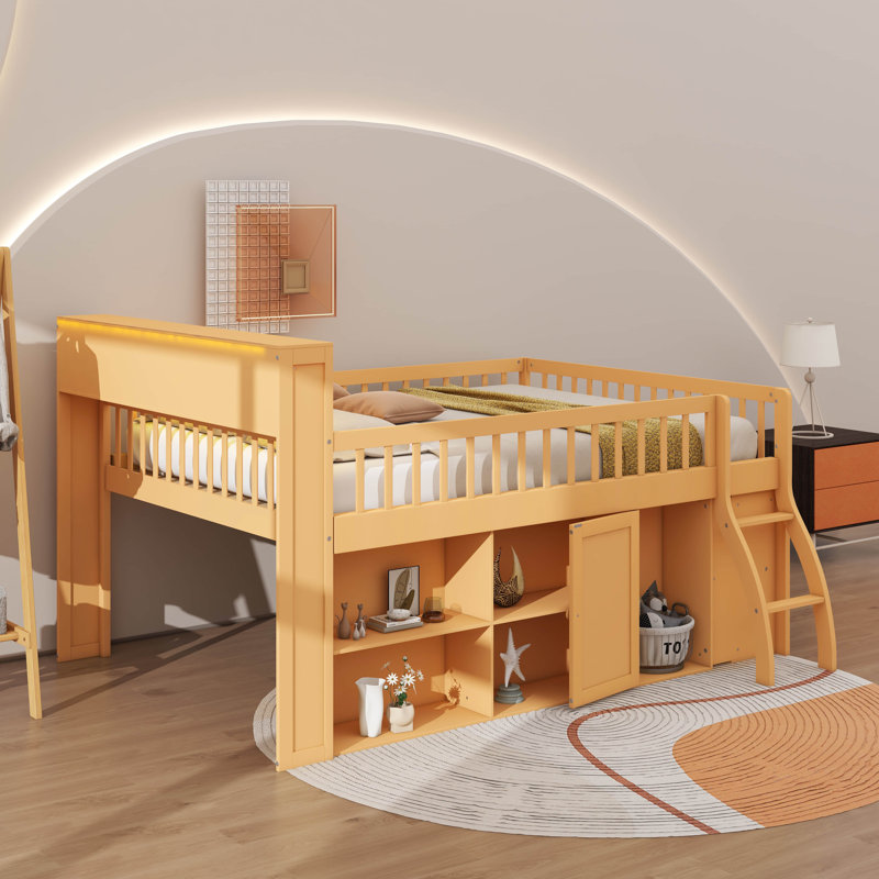Full Low Loft Bed With Storage Headboard And LED Lights, Wooden Loft Bed Frame With Storage Shelves, Natural, Full