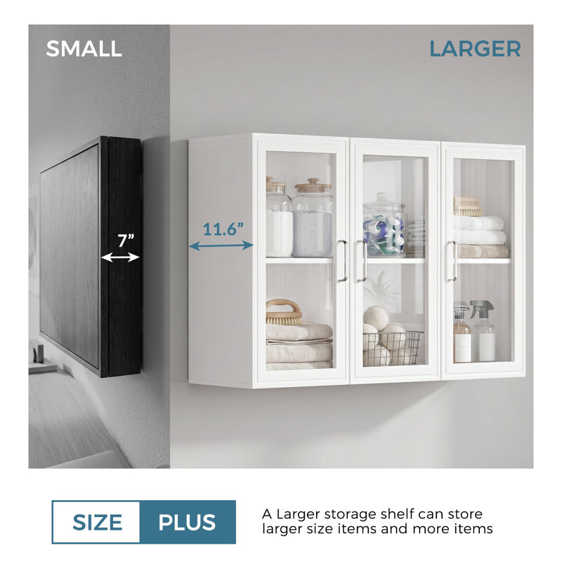 Armoire de rangement murale 36 po avec éclairage à DEL et tablette réglable, 3 portes en verre acrylique, armoires murales pour la cuisine et la salle de lavage