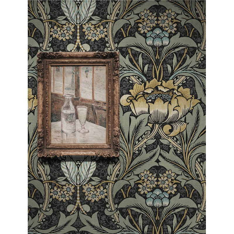 Papier peint floral Mifflintown, Gris anthracite / verge d'or