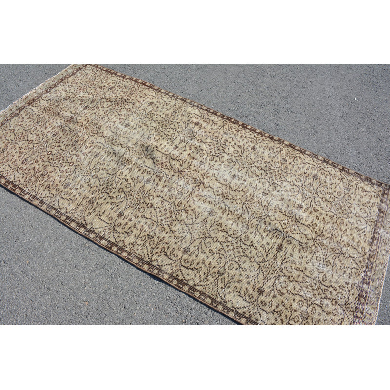 Tapis en laine beige, tapis 3,6 x 7,7 pi, tapis turcs, tapis Oushak, tapis rétro, tapis antiques