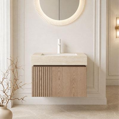 Meuble-lavabo 24 po, meuble-lavabo flottant en contreplaqué avec 2 portes, comptoir en pierre frittée Roma Travertine et lavabo en céramique avec 1 trou de robinet pré-percé, pré-assemblé