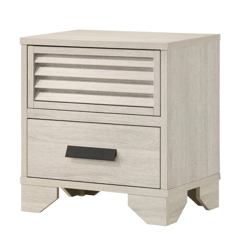 Table de chevet Sary, 2 tiroirs, poignées noires, bois blanc cassé