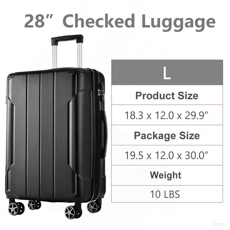 Valise rigide, valises en ABS léger et durable avec roues doubles, bagage à carreaux extensible de 28 pouces (noir)