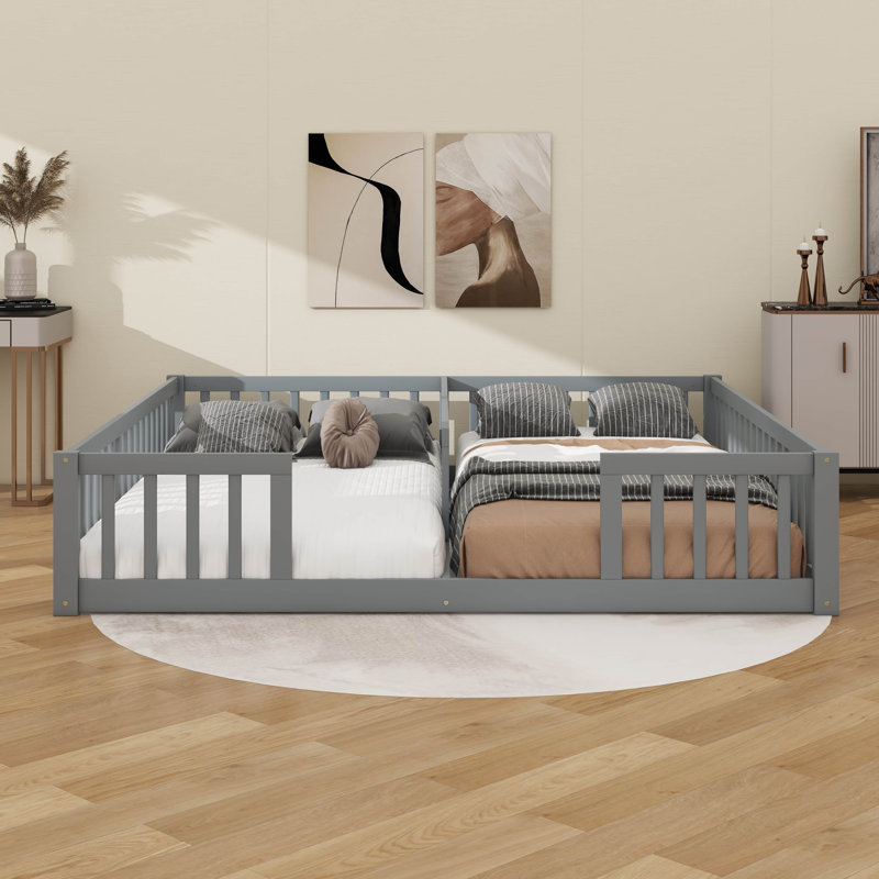 Lit double simple avec barrière de sécurité et garde-corps, gris