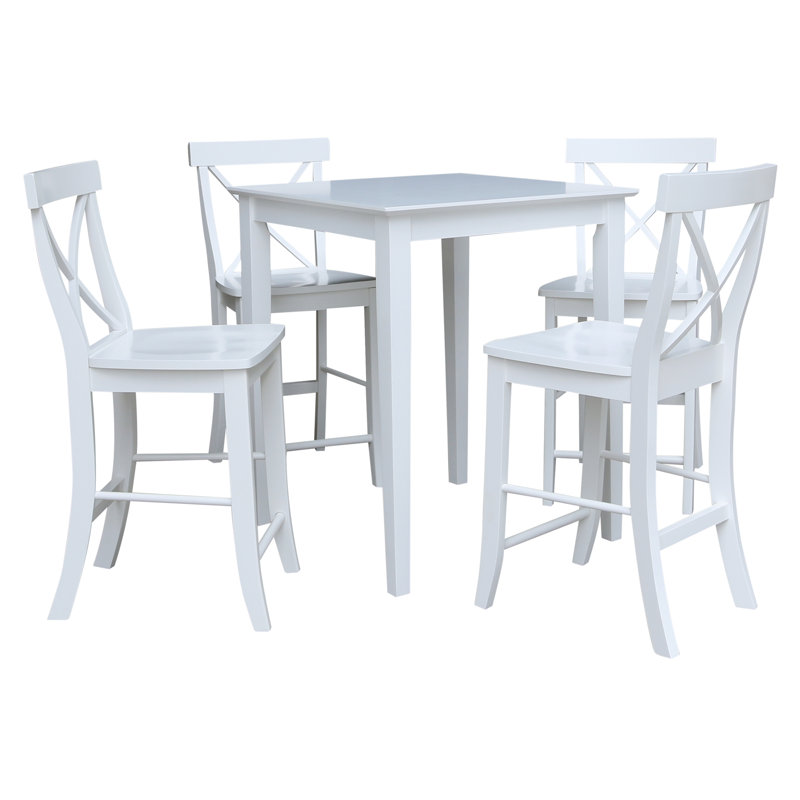 Counter Height Solid Wood Dining Set, White, 5 Pieces: 1 Table, 4 Chairs