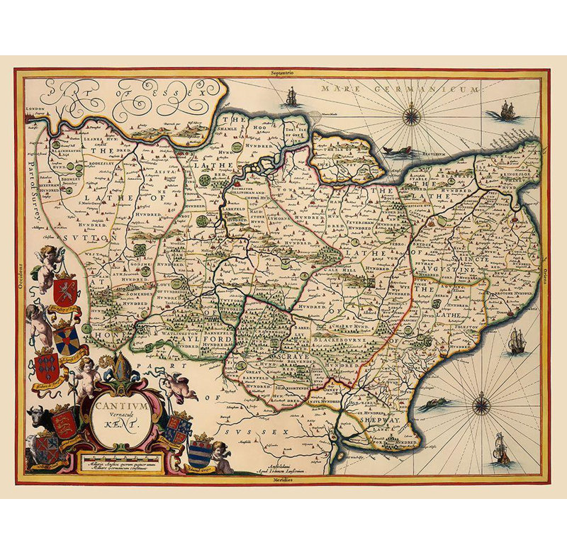 «Breakwater Bay Blaeu Gallery», art sur toile titre: Kent County England, Blaeu 1646, H 28 po x l 35 po