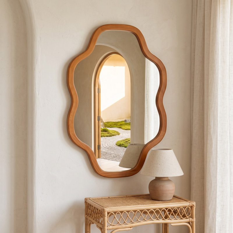 Irregular Solid Wood Cloud Accent Wall Mirror, 24"x 36", Yellowish-Brown
