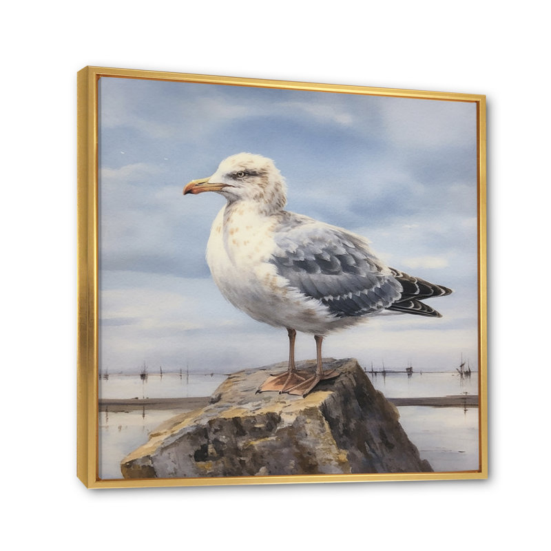 Mouette en V sur toile, H 16 po x l 16 po x P 1 po, Cadre flottant doré
