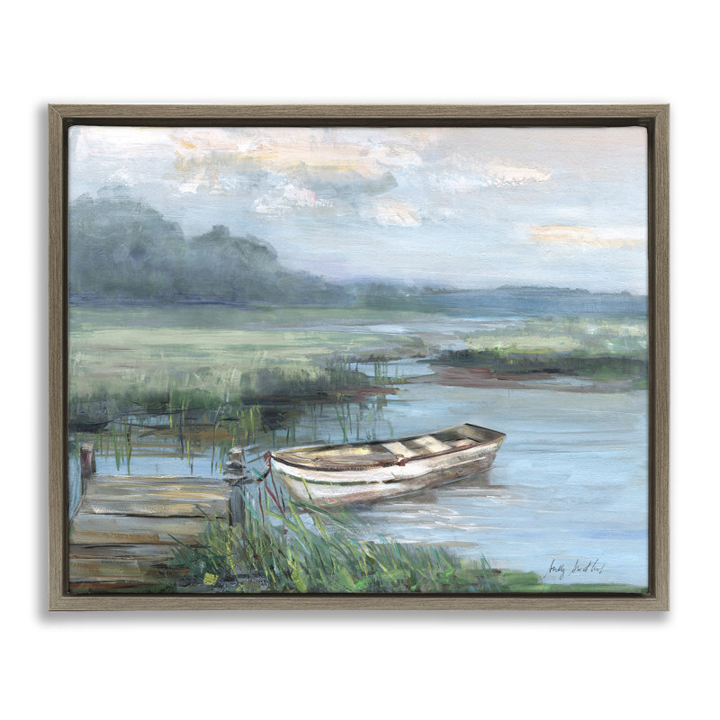 Barque amarrée au bord du lac, H 25 po x l 31 po, Cadre flottant orme Montalcino