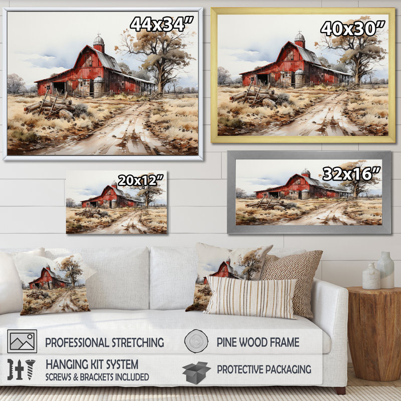 «Farmstead Lnadscape III - Farm Large», art mural, H 24 po x l 32 po x P 1 po, Cadre simple noir