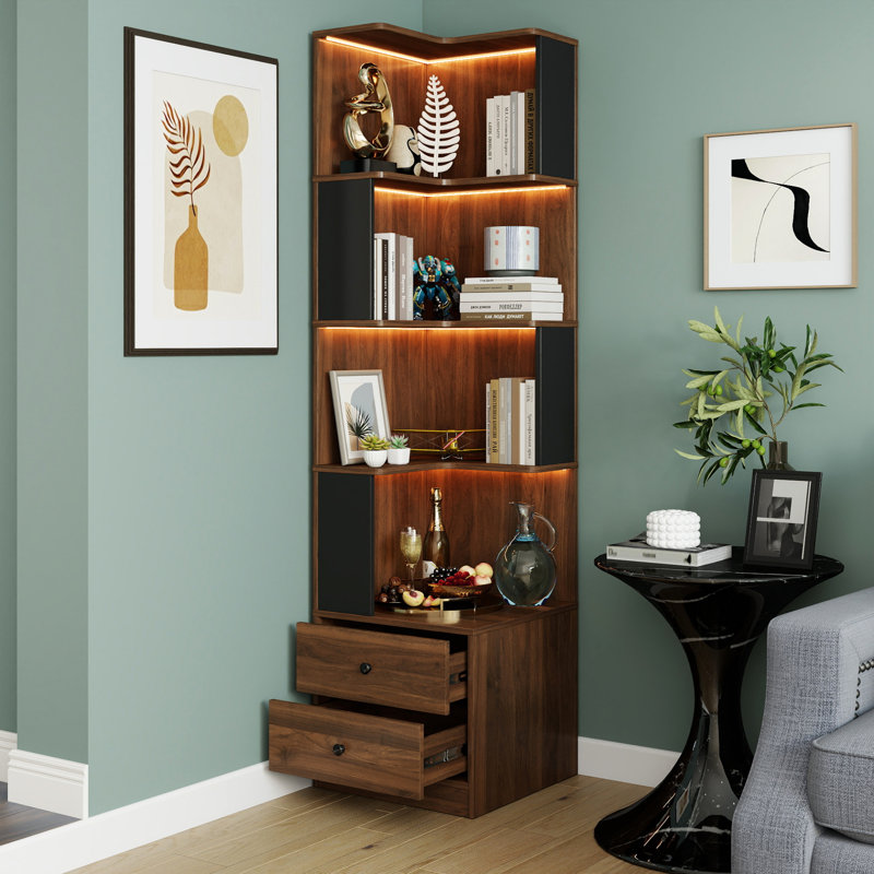 Bibliothèque d'angle avec rangement, tablette à 4 niveaux en MDF et bois, éclairage DEL moderne