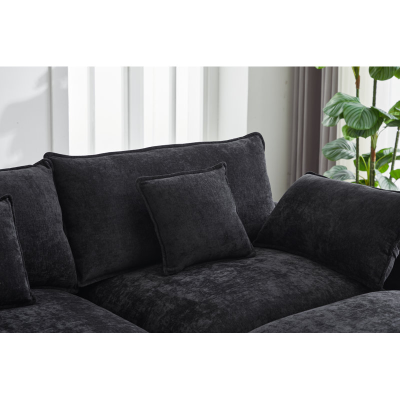 Majuma Chenille Fabric Upholstered 3-Seater Sofa with Ottoman, Black
