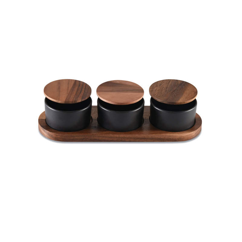 Acacia Wood Condiment Holder with 3 Ceramics