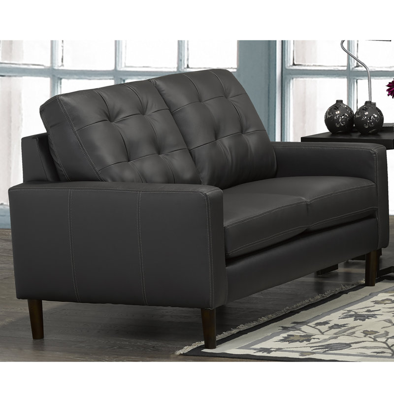 Causeuse à accoudoirs carrés en cuir véritable 61 po Laskie, Cuir véritable gris foncé