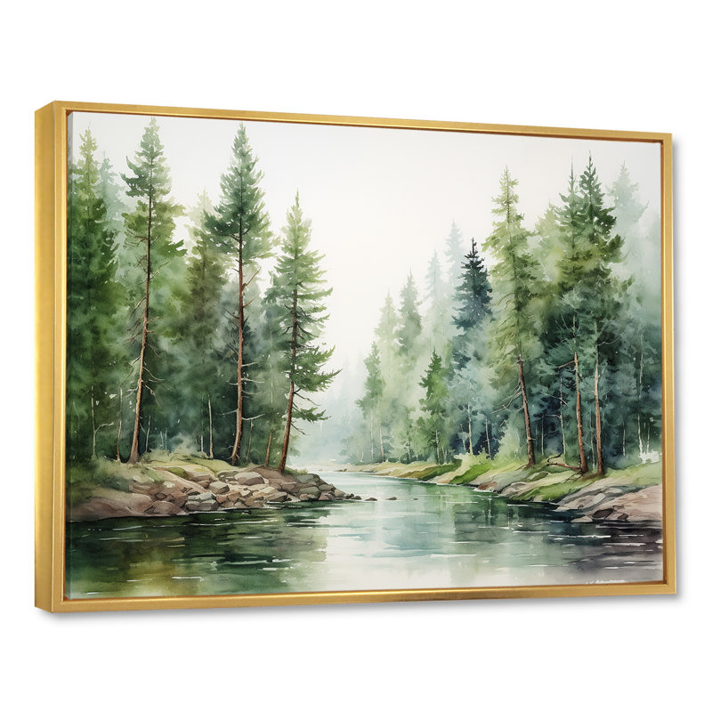 Rivière, forêt, trésor caché, paysage I, H 30 po x l 40 po x P 1,5 po, Cadre flottant doré