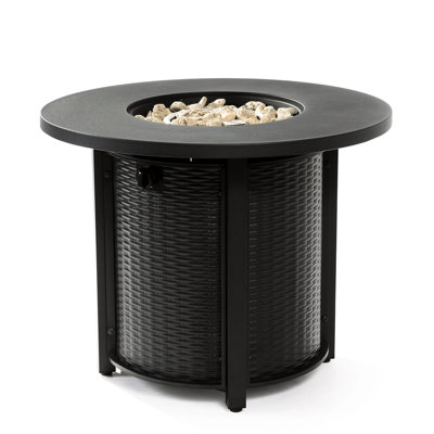 32Inch Fire Pit Table In Black, Adding A Touch Of Elegance To Your Patio Round Steel With Lava Rocks, Versatile For Outdoor Dining