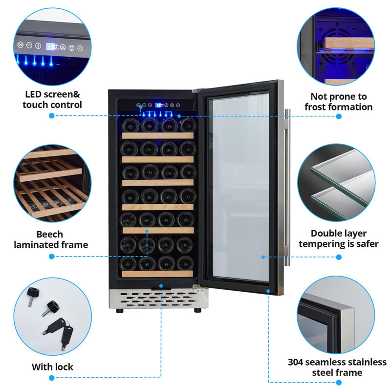 Réfrigérateur à vin pour 28 bouteilles, refroidisseur à vin autoportant compact avec contrôle tactile numérique et verrou de sécurité, refroidisseur à compresseur silencieux à 40 ° F-65 ° F pour vin rouge et blanc, champagne, noir