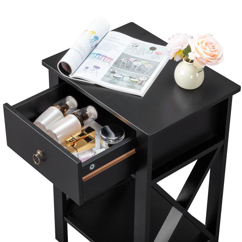 Grey Side Crossed Drawer Nightstand, Black, 2