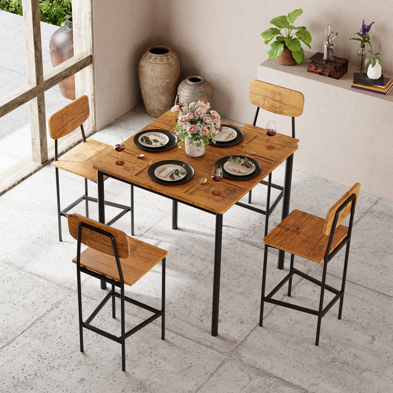Kitchen Table and Chairs of 4 with Space-Saving Design, Tan, Tan