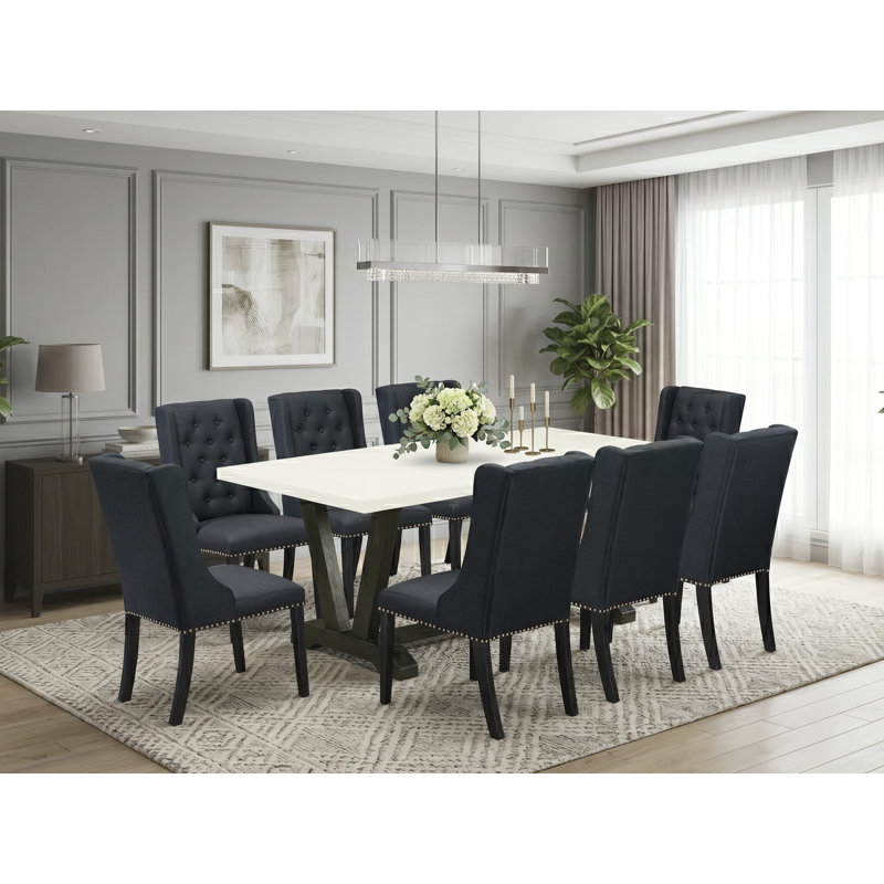 9 Piece Dining Set - 8 Black Linen Fabric Padded Chair Button Tufted with nail heads and Linen White Kitchen Table - Wire Brush Black Finish