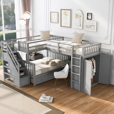 Twin-Twin over Full L-Shaped Bunk Bed with 3 Drawers, Portable Desk, and Wardrobe