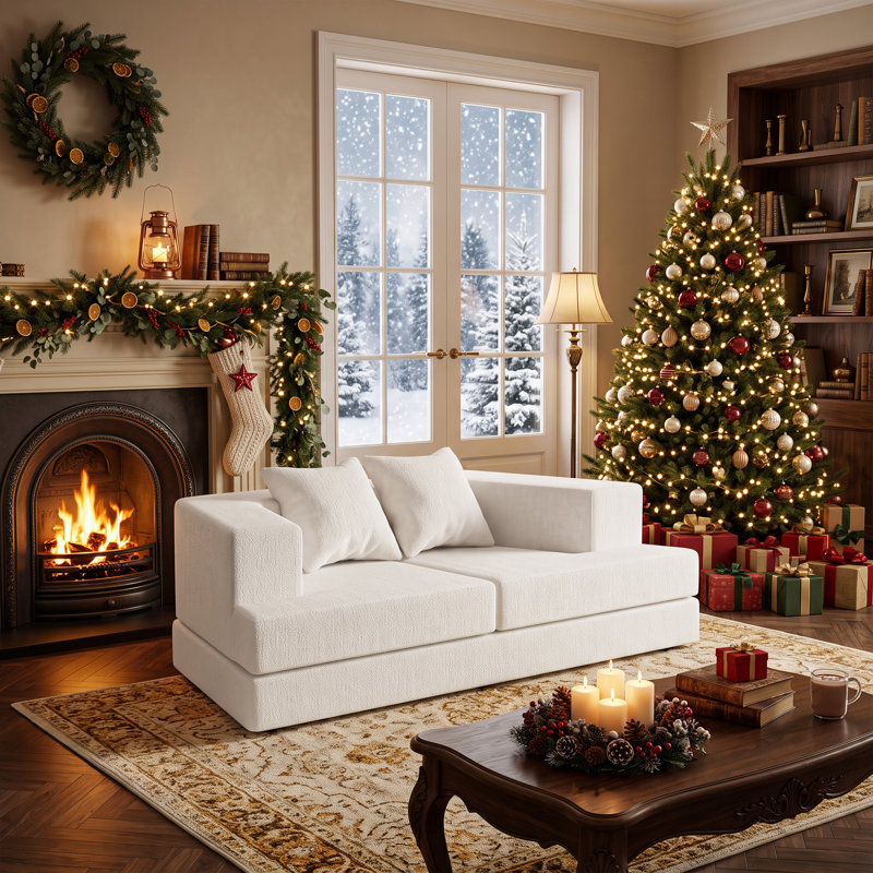 Canapé modulable, canapé convertible 2 places à assise profonde et coussins décoratifs, Blanc