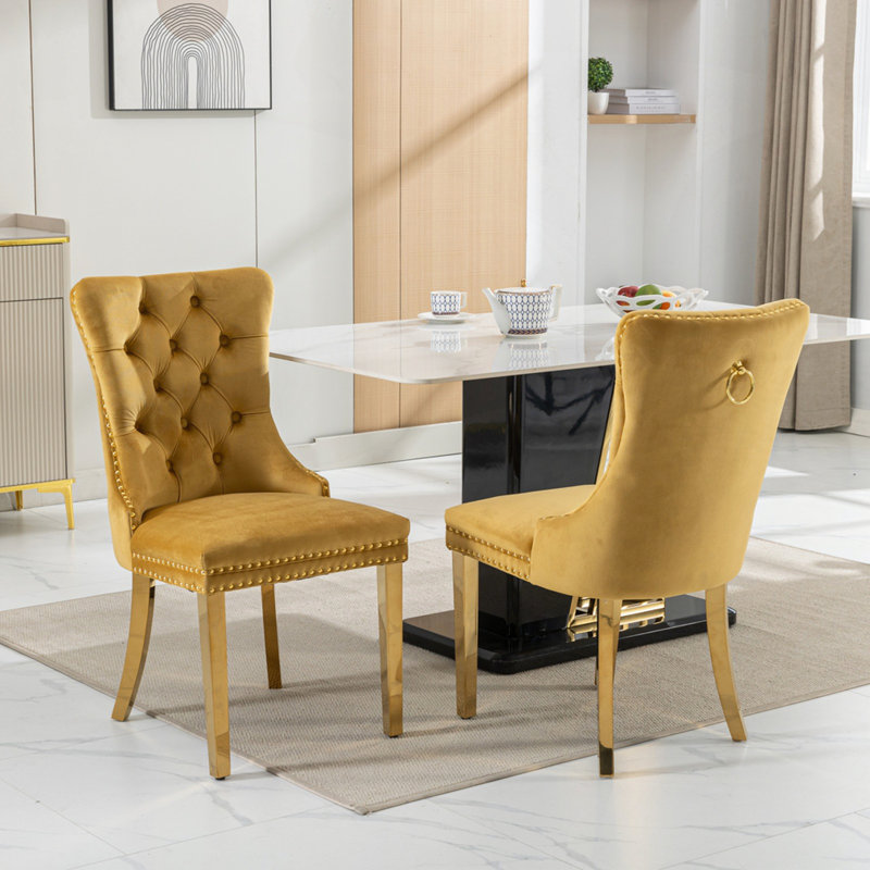 Ensemble de 2 chaises de salle à manger rembourrées, 2, Doré, Jaune