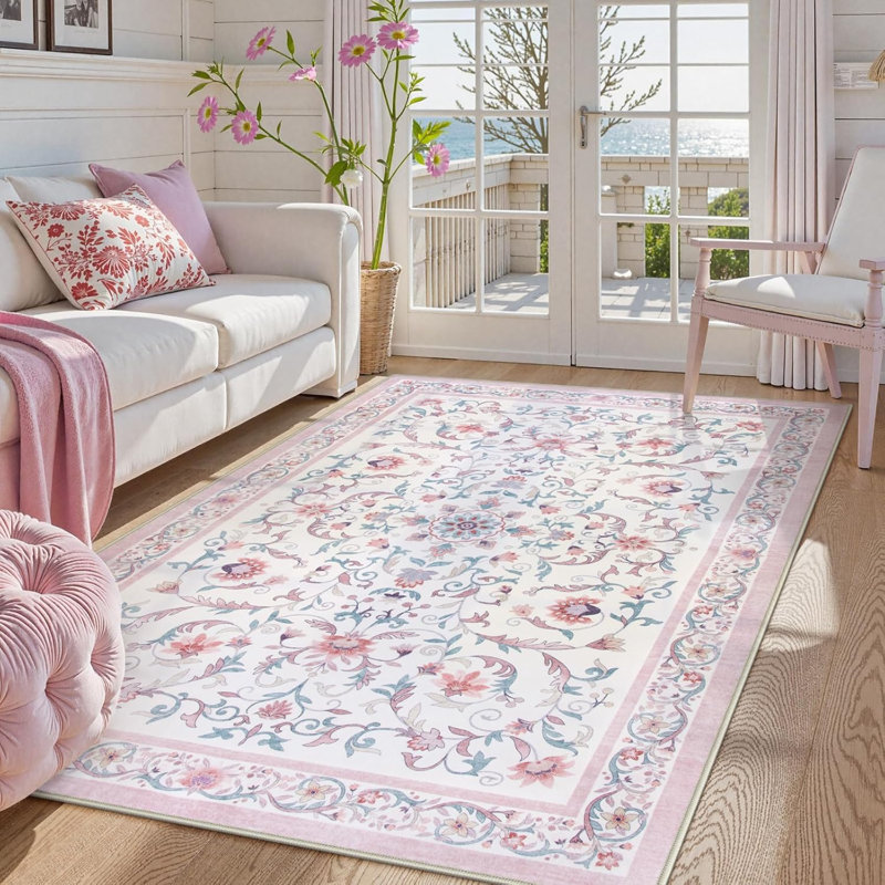 Floral Washable Area Rug Non-Slip Stain Resistant Low-Pile Boho Large Indoor Throw Carpet, Pink, Rectangle 5' x 7'