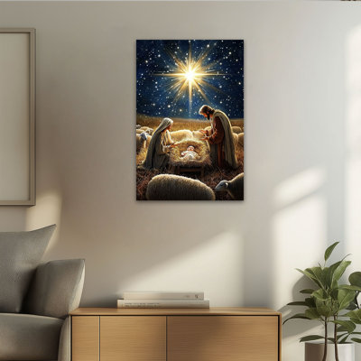 Grande crèche de Noël, reproduction d'art sur toile, naissance de Jésus dans une étoile, image de Mary Joseph Baby Jesus, affiche encadrée sur toile pour décor de fête de Christian Home Church, prête à être suspendue, 28 po x 40 po