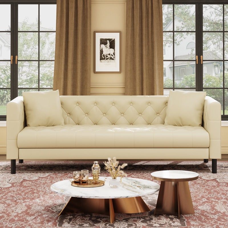 Ebern Designs 81" Mid Century Modern Leather Sofa, 3 Seater ...