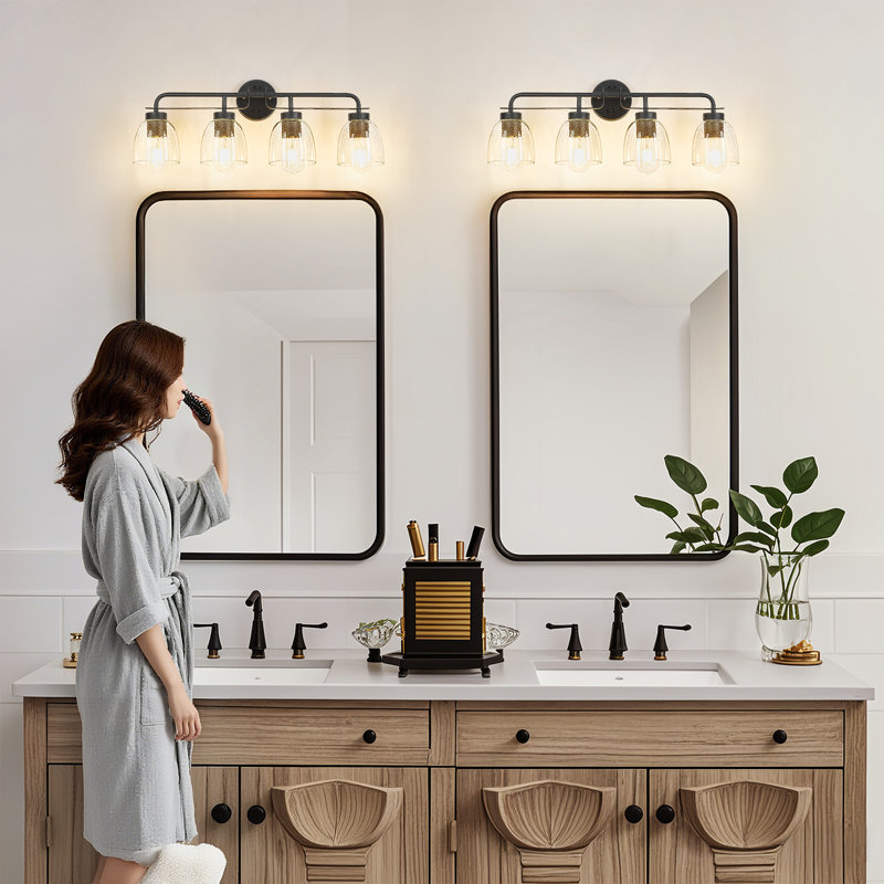 Applique murale industrielle 28 po à 4 lumières pour salle de bain 28 po avec verre bullé 28 po, Noir mat