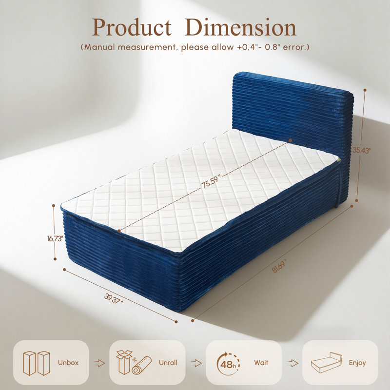 Lit plateforme de compression rembourrée avec tête de lit capitonnée, Lit simple, Bleu