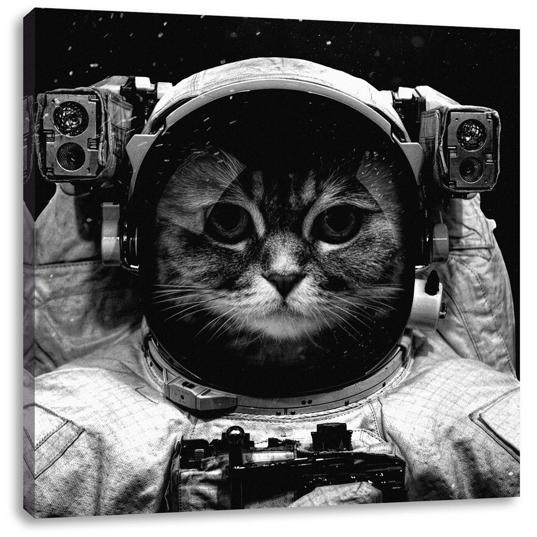 Astronaut Katze im Weltraum, monochrom als Leinwandbild quadratisch