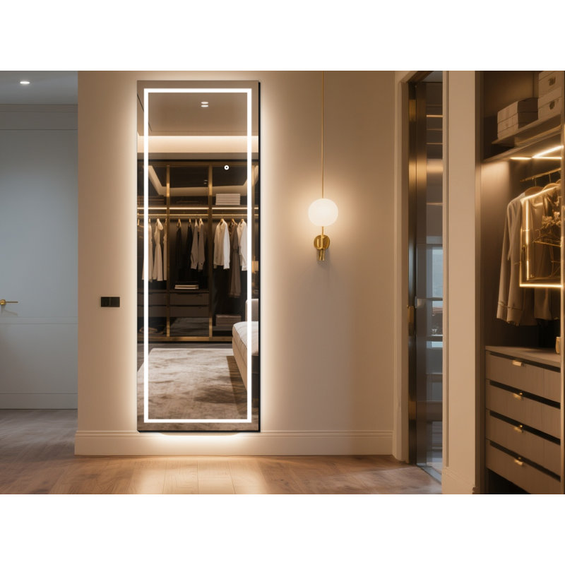 Oakleaf Tempered Glass LED Full Length Mirror – Touch Control, 3-in-1 Freestanding / Leaning / Wall-Mounted, 59" x 16", Black