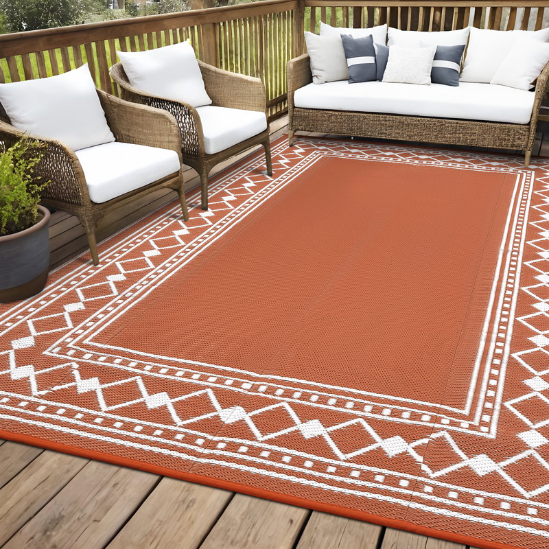 9x12ft FT Terracotta Waterproof Reversible Outdoor Rug, Modern Geometric Diamond Edge Plastic Straw Mat, UV Resistant Easy Clean Foldable Carpet with Portable Bag for Patio Deck Balcony RV Camping Beach