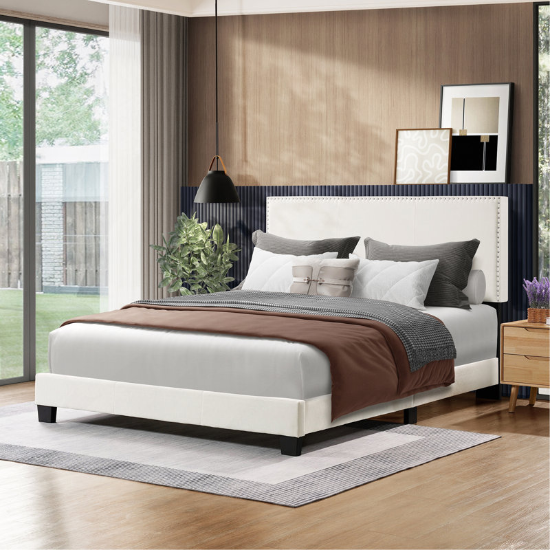 Lit plateforme tapissier Luma, Beige, Lit double