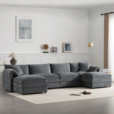 136" Chenille Modular Sectional Sofa with Deep and Wide Seat, U-Shaped Cloud Couch Set with Double Cushions, 6 Seat Sofa with Movable Ottoman, Oversized Indoor Furniture