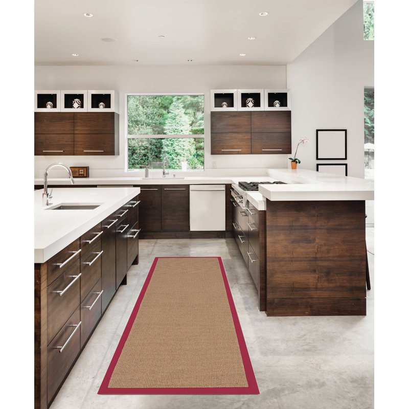 Nannette Handmade Dark Beige Berber with Red Cotton Border Made in the USA Area Rug, Runner 2'6" x 8'