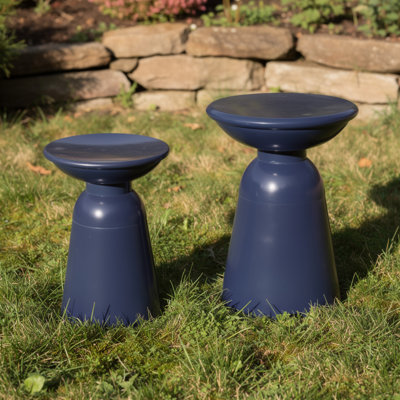 Suma Outdoor End Table Set Of 2, Round, Pedestal Base, Navy Blue Iron