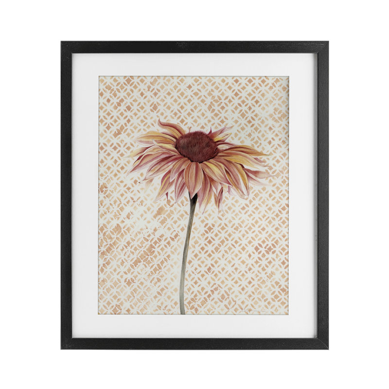 Tournesol sur motif détaillé encadré sous verre, conception de Cady, Cadre noir minuit, H 16 po x l 13 po