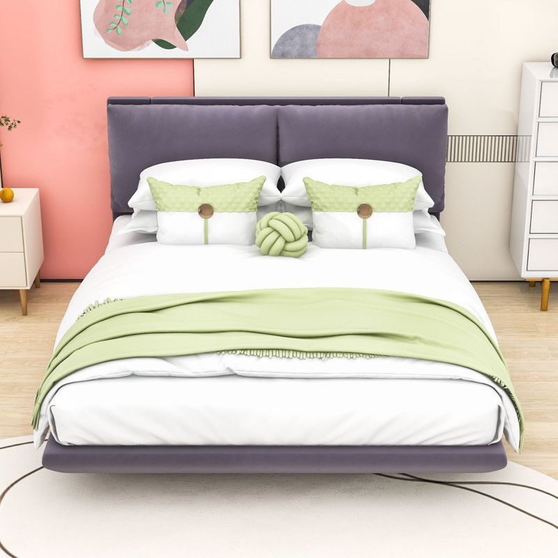 Queen Upholstered Platform Bed with Sensor Light and Floating Design, Gray