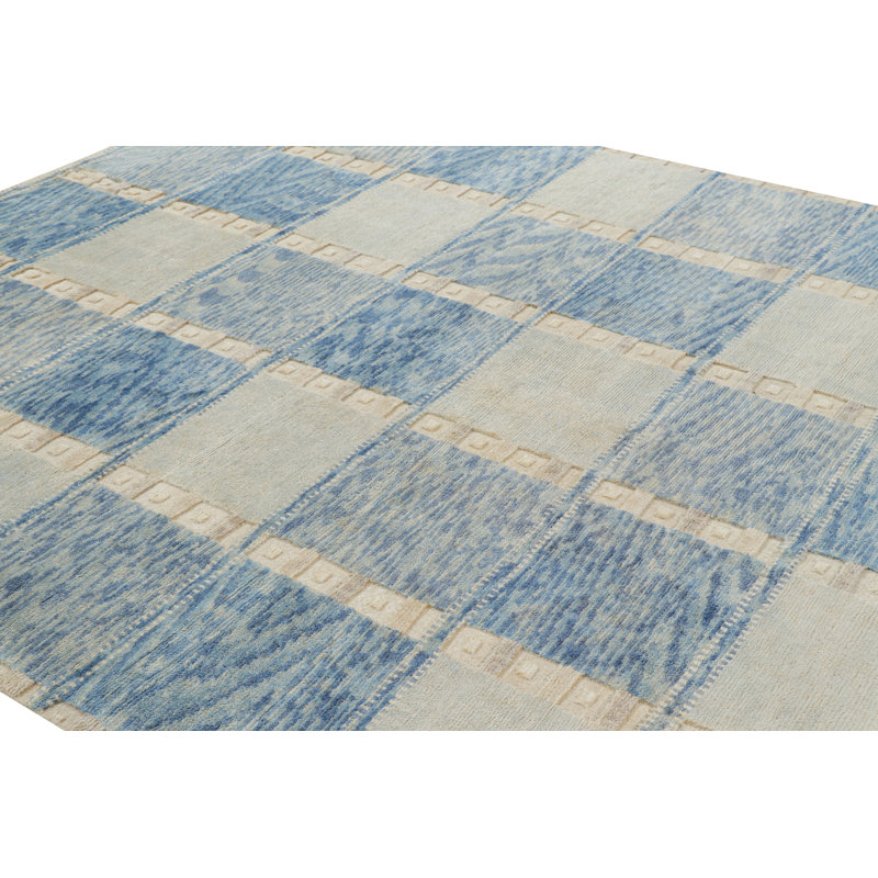 Rug & Kilim’S Scandinavian Rug In Blue And Cream With Geometric Patterns, Rectangle 10' x 14'