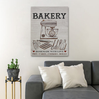 Machines et outils de boulangerie - Boulangerie faite maison avec amour, tartes, gâteaux, rouleaux de biscuits - 1 pièce, impression d'art graphique rectangulaire sur toile tendue