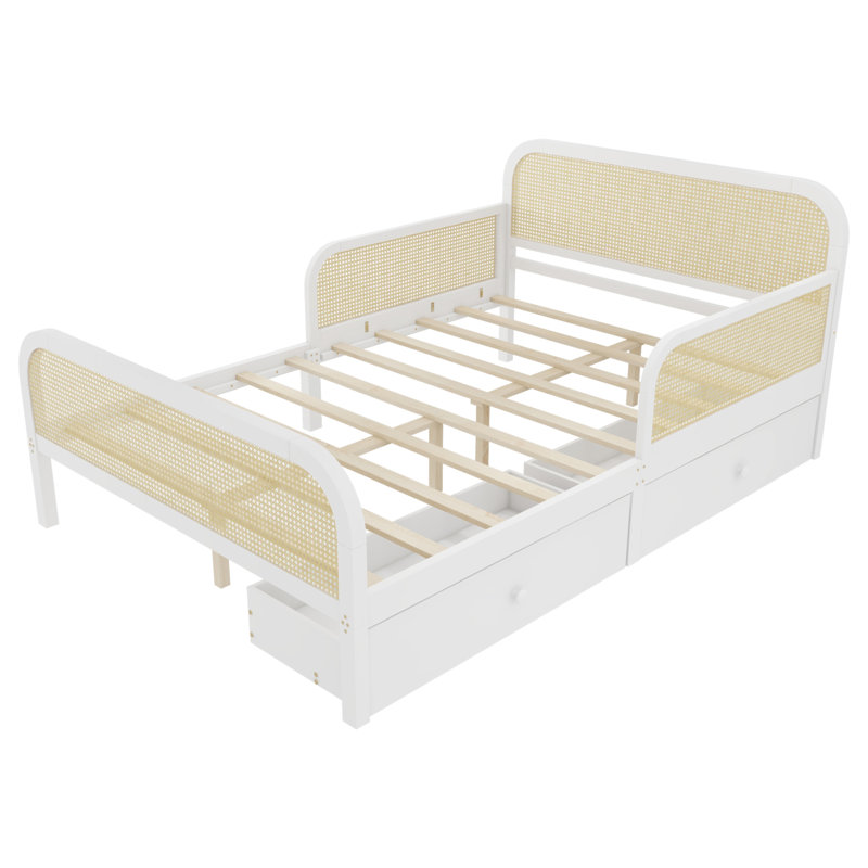 Structure de lit plateforme double avec 2 tiroirs de rangement, lit en rotin pour enfants avec tête et pied de lit, White
