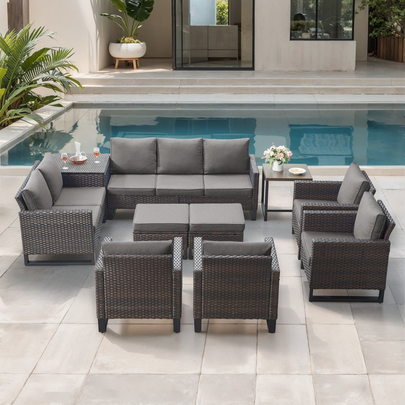 Ingvald 9-11 Person All-Weather Wicker Outdoor Conversation Set Seating Group With Lounge Chairs And Ottomans, Gray