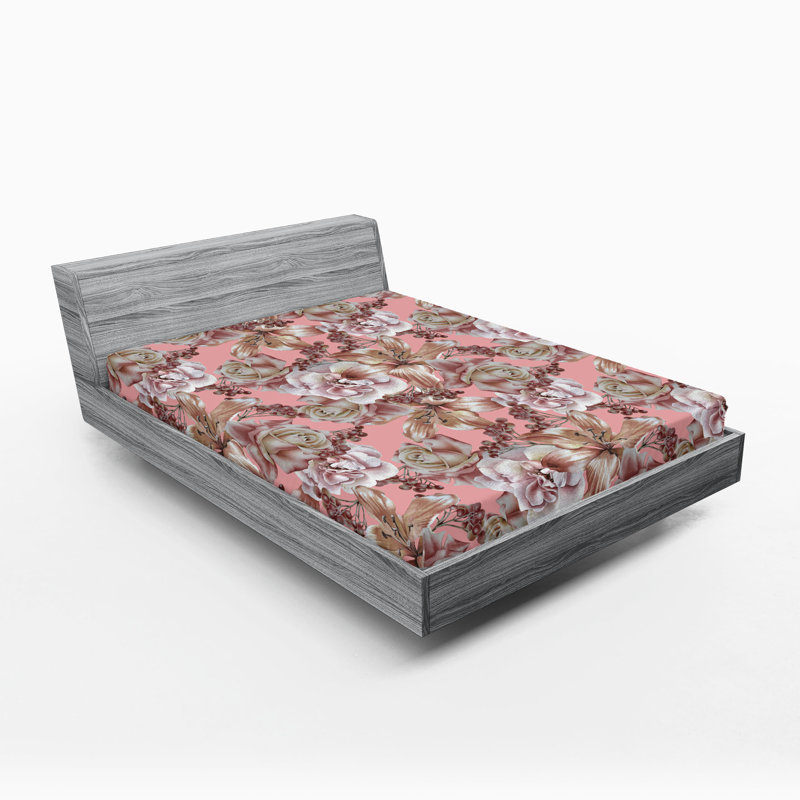 Drap-housse rustique Ambesonne, Rose pastel, séquoia pâle / floral, Drap-housse de taille très grand