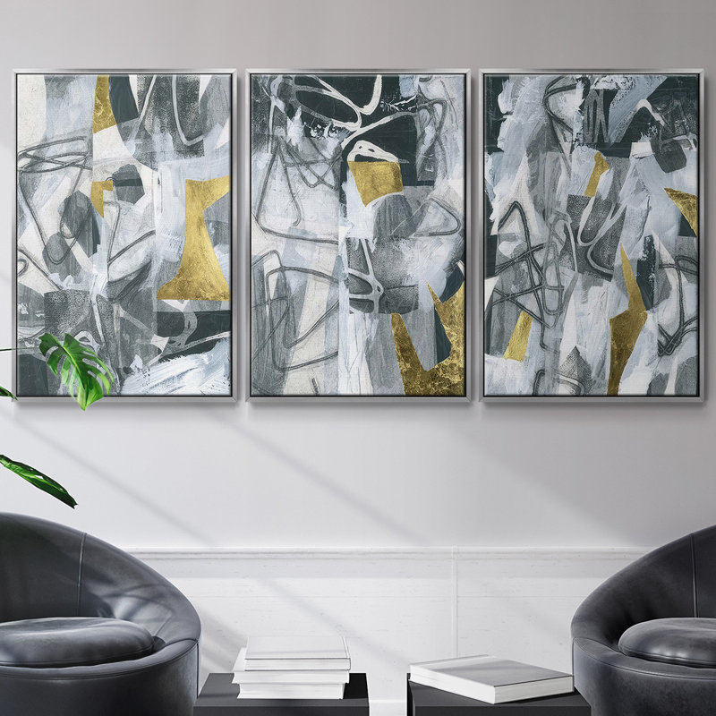 Linear Tones I - Ensemble de 3 cadres flottants sur toile, Encadrement argenté, H 40 po x l 78 po x P 2 po