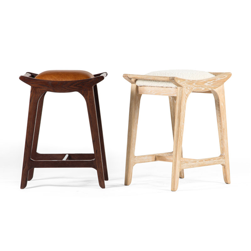 Cerused Oak Backless Counter Stool with White Boucle Seat